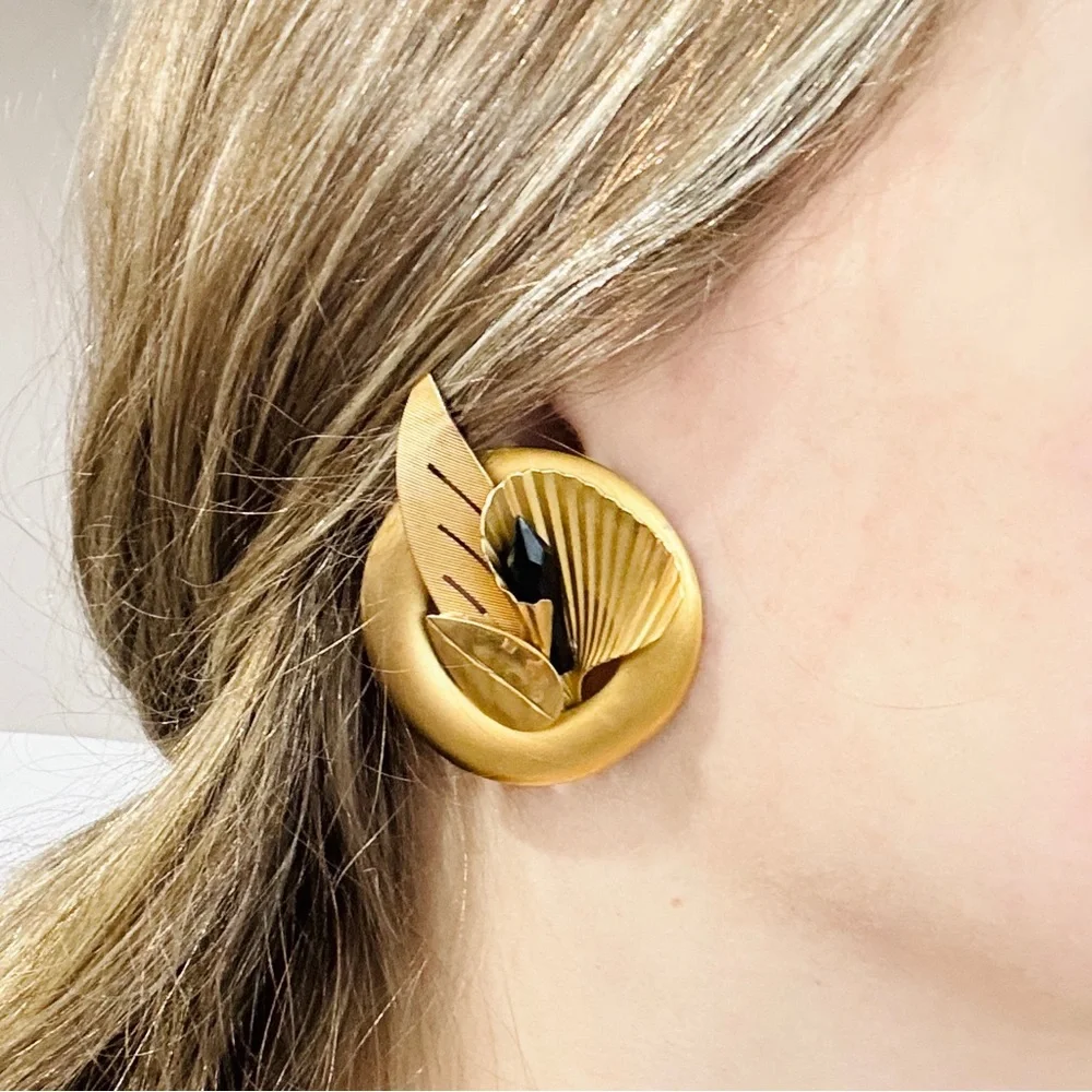 Vintage 80s Art Deco Satin Gold Tone Black Crystal Abstract Leaf Clip Earrings